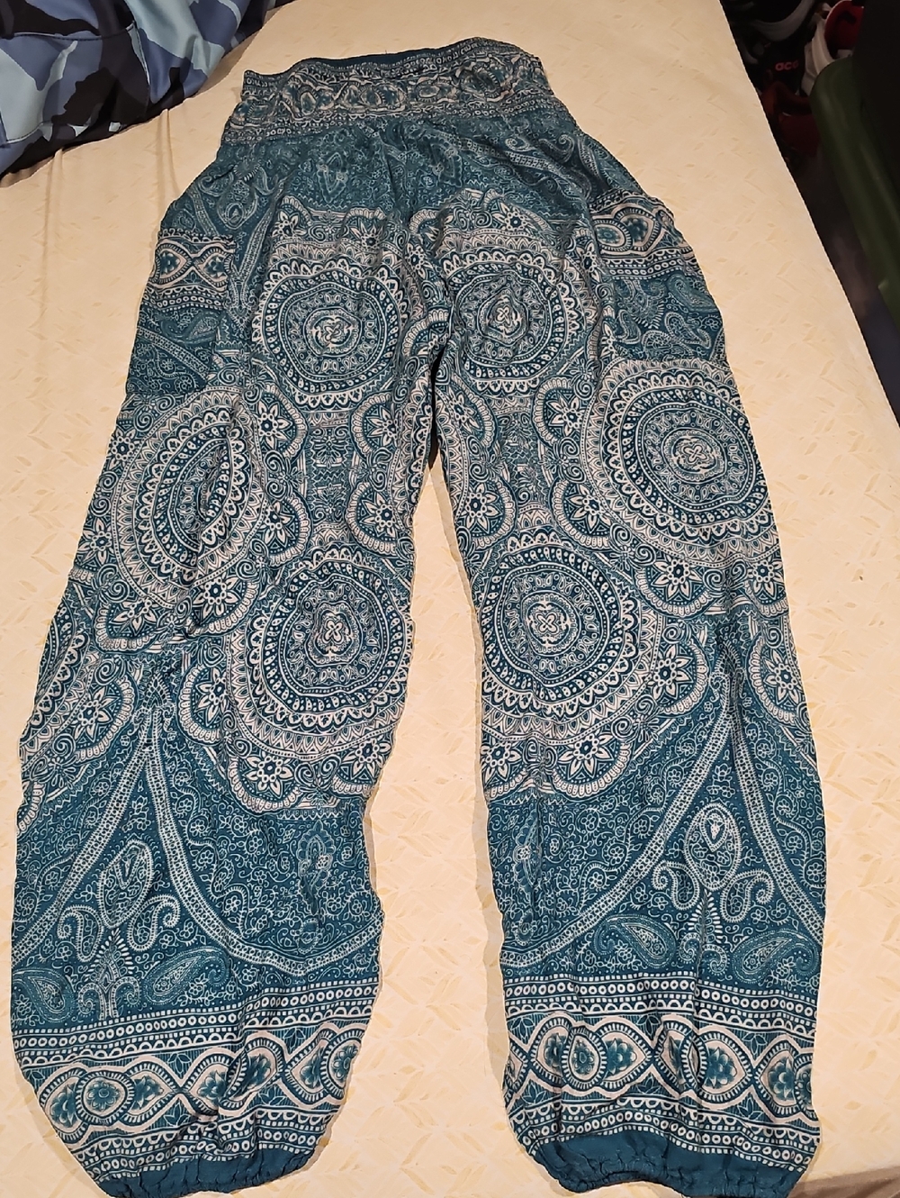 Teal & White Boho Paisley Harem Pants